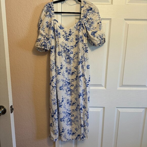 H&M MAMA Linen-blend Dress Blue and White, Sweetheart Neckline Size Medium - Picture 2 of 4